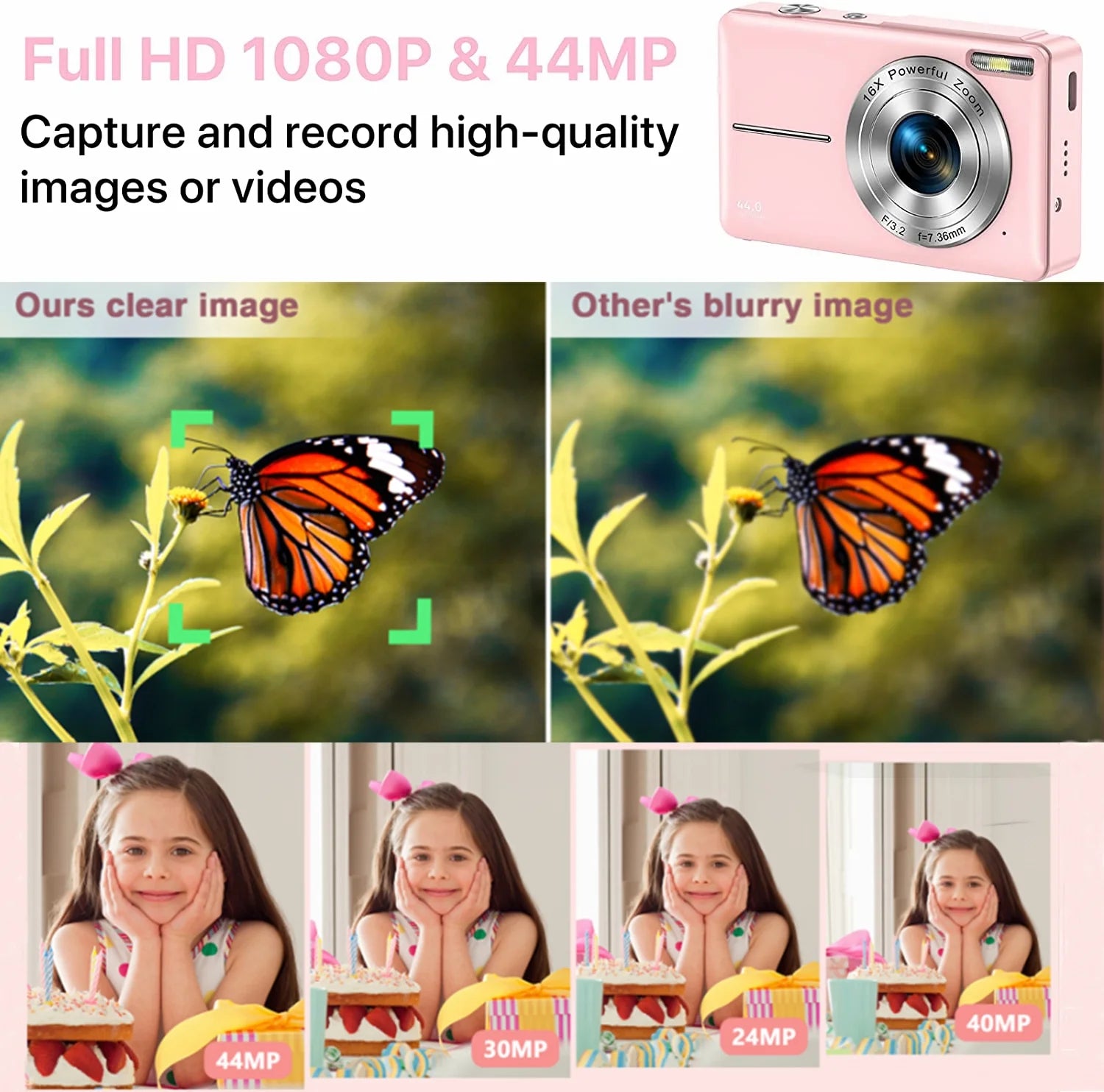 HD 1080P Digital Camera Camcorder 44MP Digital SLR Camera 16X Digital Zoom with 2.4 Inch LCD Screen Compact Point and Shoot Camera Starter Camera(Pink)